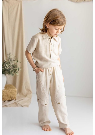 Oliven The Kid Oliventhekid Bej Naturel Keten Beli Lastikli Cepli Bol Paça Erkek Çocuk Pantolon Bej Bej
