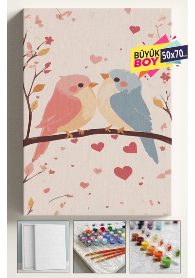 Sayılarla Boyama Seti Numaralı Tuval Fırça Boya Dahil Kasnaklı Set 50x70 Cm - Sevgili Kuşlar