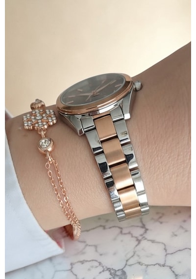 Bileklik Hediyeli Rose Gold/metalik Kahve Kadran Kadın Kol Saati 35 Mm Çelik Kordon 2 Yıl Garantili Gümüş - Rose Gold