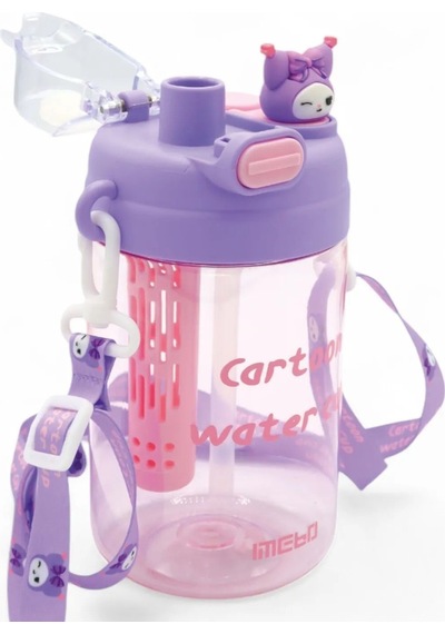 Kuromi Hello Kitty Çizgifilm Karakterli Çocuk Suluğu - Askılı Çift Kapaklı Pipetli Matara 750ml Mor