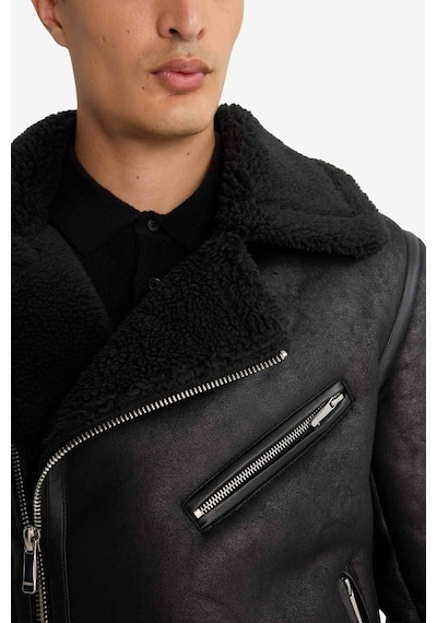 Defacto Slim Fit Dar Kesim Suni Kürk Astarlı Fermuarlı Cepli Süet Deri Kışlık Ceket Mont C5636ax25wnbk27 Siyah-bk27