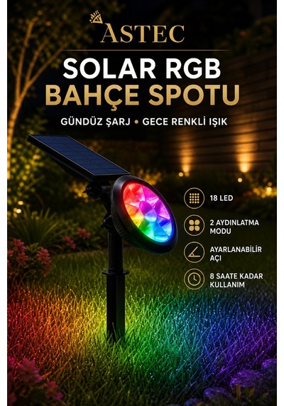 Astec Solar Güneş Enerjili Rgb Kazıklı Bahçe Aydınlatma Lambası 18w Dış Mekân Led Spot Çok Renkli