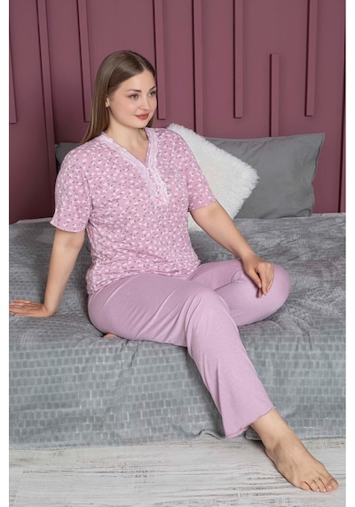 Eyfuze Kadın Pudra Büyük Beden Desenli Yakası Düğmeli Kısa Kollu Bambu Pijama Takımı Pembe-3 Eyfuze Kadın Pudra Büyük Beden Desenli Yakası Düğmeli Kısa Kollu Bambu Pijama Takımı Pembe-3