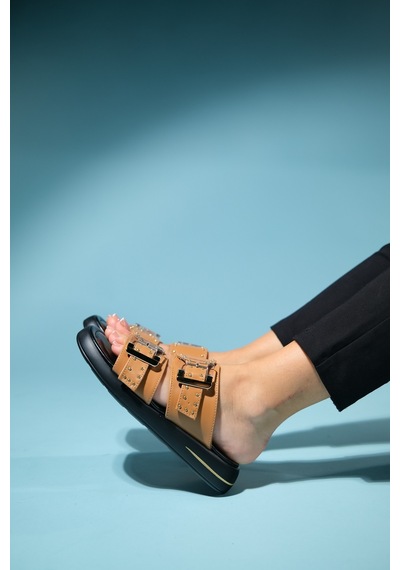 Luvishoes Zley Taba Şeffaf Tokalı Kadın Terlik Taba