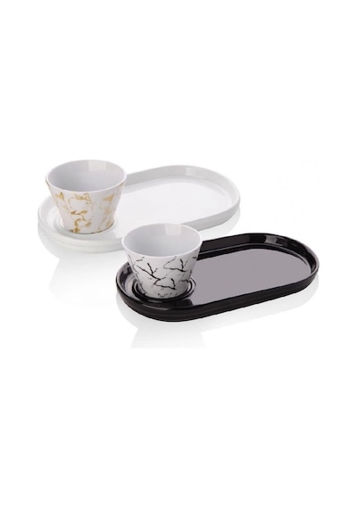 Tilbe Home Oval Sunum Tabağı Konik Sosluk Desenli Sunumluk Sosluk 2'li Set Siyah Beyaz