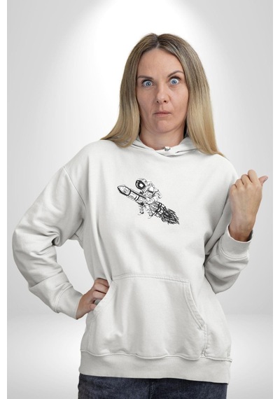 Roket Astronot Kadın Erkek Beyaz Kapüşonlu Sweatshirt Hoodie Beyaz