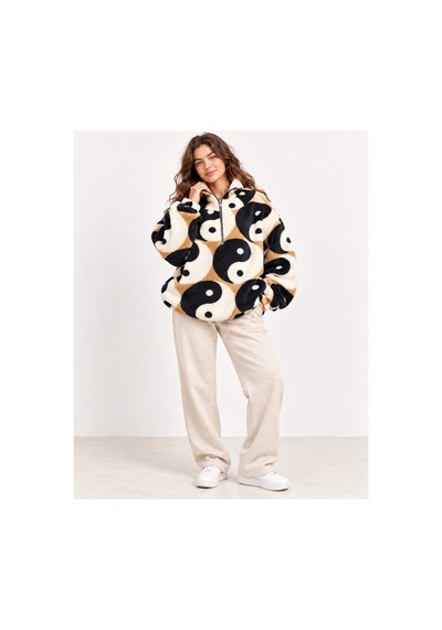Nova Earth Art Kadın Desenli Yarım Fermuarlı Peluş Sweatshirt Siyah