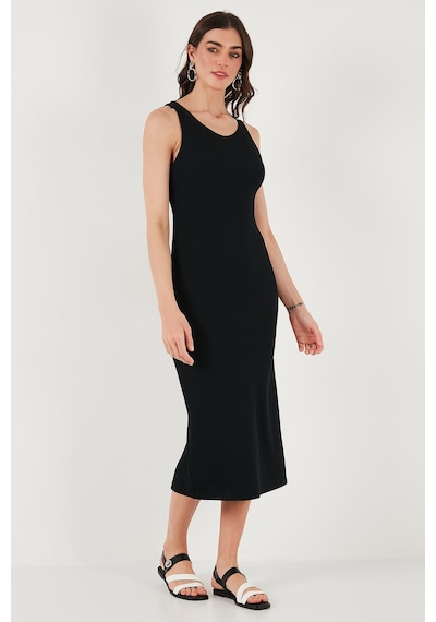 Lela Fitilli Slim Fit Bisiklet Yaka Yırtmaçlı Midi Boy Bayan Elbise 5866101 Siyah