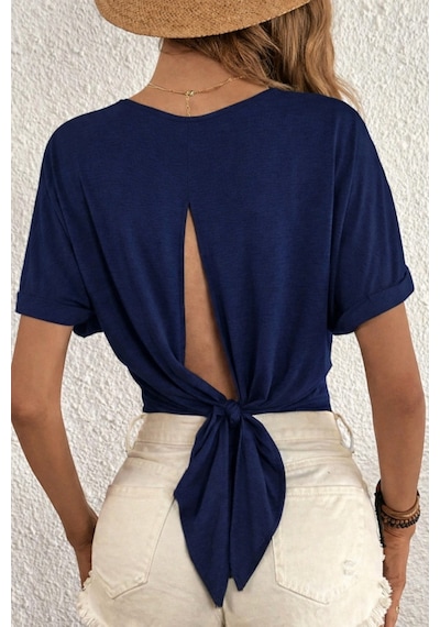 Cool Tarz Sırt Dekolteli Bağlama Detaylı Yazlık Kadın T-shirt Bluz Lacivert