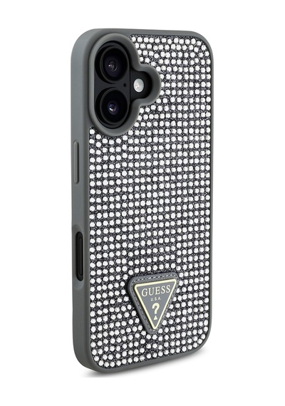 Apple Uyumlu iPhone 16 Plus Kılıf Guess Lisanslı Üçgen Logolu Taşlı Kapak Gümüş