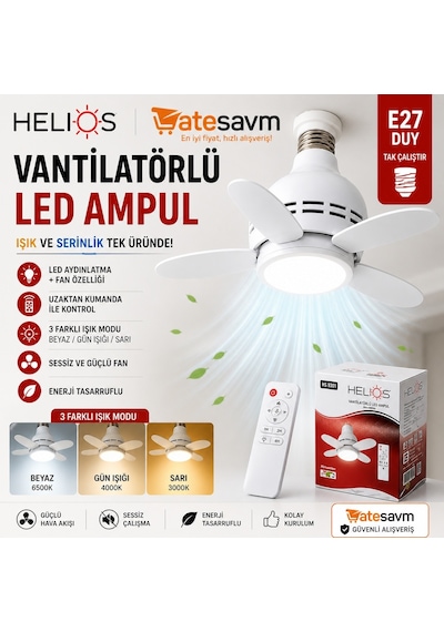 Helios Vantilatörlü Led Ampul E27 Duy Uzaktan Kumandalı 3 Modlu Fanlı Lamba