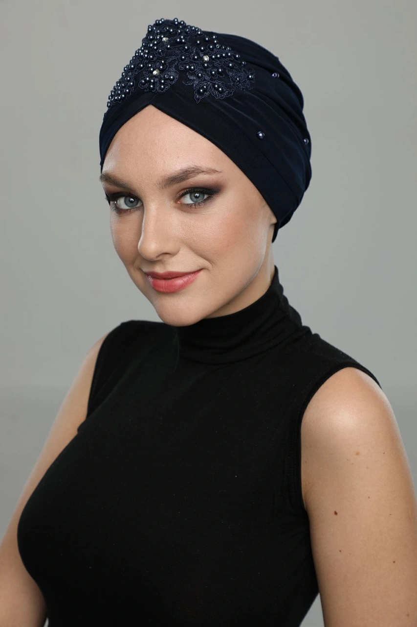 Elysianfidan Kopma Astarlı Işlemeli Lacivert Dantel Motifli Hazır Türban Tesettür Abiye Bone Lacivert Dantel