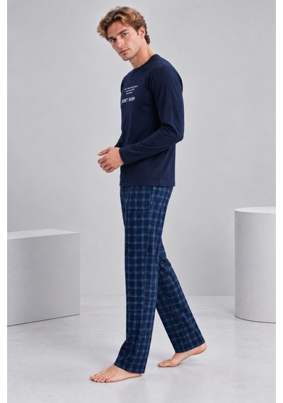 Pijamask Erkek Lacivert Baskılı Uzun Kollu Ekose Pantolon Pijama Takımı Lacivert