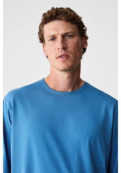 Grımelange Gravs Erkek %100 Pamuklu Yumuşak Kumaşlı Yuvarlak Yakalı Uzun Kollu Mavi T-shirt Mavi