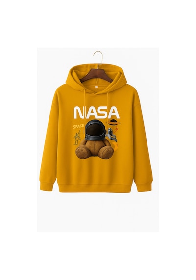 Kokina Unisex Nasa Ayıcık Baskılı Kapüşonlu Sweatshirt Sarı