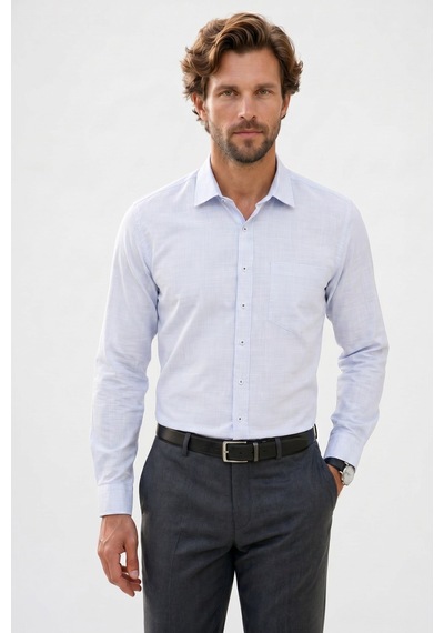 Tudors Erkek Regular Fit Klasik Kesim Oversize %100 Pamuk Keten Doku Mavi Gömlek-42665