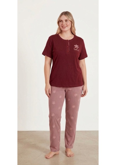 Modalove Kadın Battal Bambu Viskon Kumaş Kısa Kol Pijama Takımı Bordo
