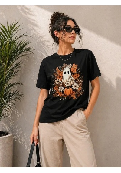 Efnaz Style Balkabağı Hayalet Baskılı Tişört Kısa Kol Yazlık T-shirt - Siyah
