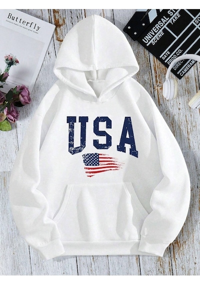 Usa Bayrak Sweatshirt - Beyaz Baskılı Oversize Kapüşonlu Beyaz