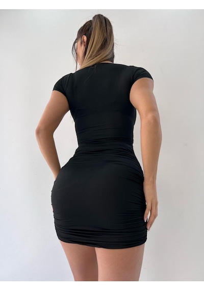 Pink Life Siyah V Yaka Hollow Out Wrap Hip Kısa Kollu Mini Elbise-siyah