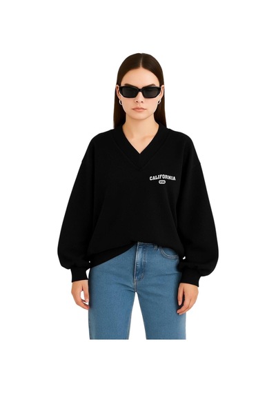 Benroma Calıfornıa Baskılı Ünisex V Yaka Sweatshirt Siyah