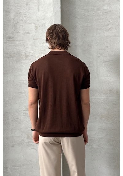 Erkek Oversize Pamuklu Polo Yaka Triko T-shirt Kahverengi