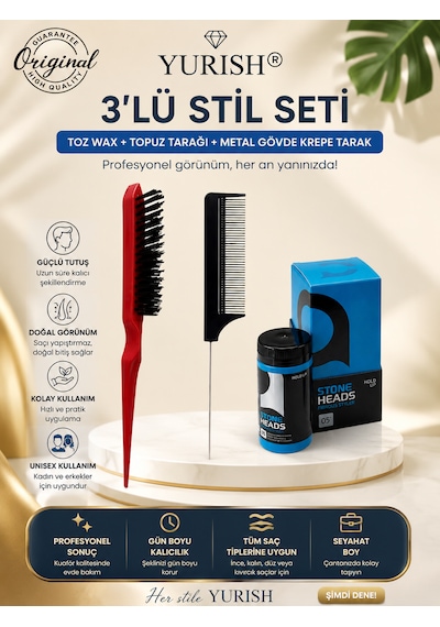 3'lü Stil Seti Toz Wax + Topuz Tarağı + Metal Gövde Krepe Tarak 0