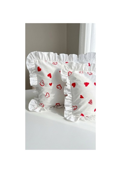 %100 Pamuklu Kalp Desenli Fırfırlı Yastık Kılıfı 2 Adet 50x70 Cm Bej - 863747383 Bej