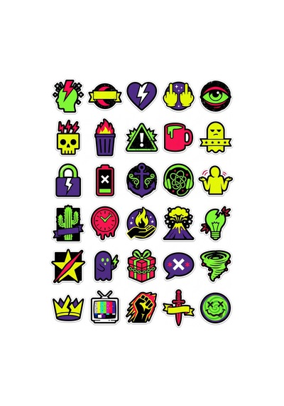 30 Adet Neon Grunge Mizahi İkon Sticker Seti - Laptop Defter Valiz İçin Çok Renkli