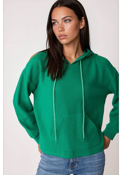 Vitrin Omuz Dekolteli Kanguru Cep Kapüşonlu Sweatshirt Yeşil