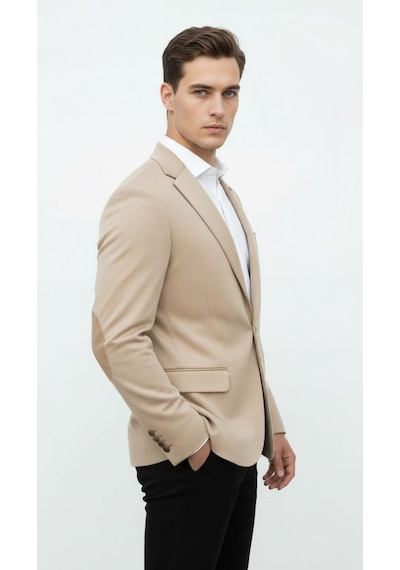 Plus Scorpion Bej Erkek İtalyan Kesim Blazer Ceket Kol Yamali, Slim Fit, Şık Ve Modern Tasarım Bej
