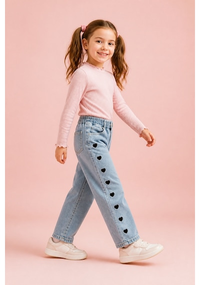 Eray Alp Kids Kız Çocuk Kalp Nakışlı Jean Mavi