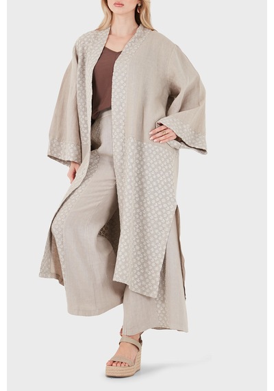 Via Dante % 100 Keten Brode İşlemeli Kimono Bayan Kimono 69912196 Vizon VİZON