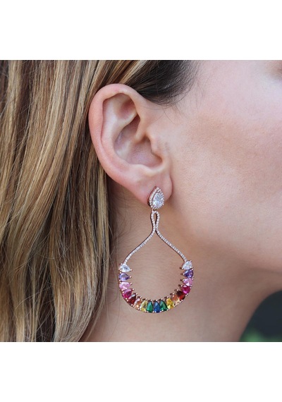 Renkli Zirkon Taşlı Damla Modeli Rose Gold Kaplama Gümüş Küpe Gümüş