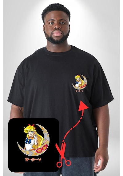 Angemiel Sailor Moon Ay Savaşcısı Anime Siyah Büyük Beden Kadın Basic Minimal Baskılı Tişört Siyah