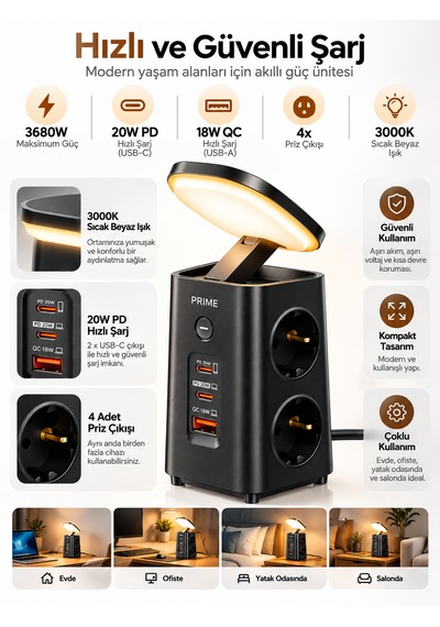 Akım Korumalı 4'lü Priz 1 Usb 2 Type-c Gece Lambalı Masaüstü Hızlı Şarj Çoklayıcı 0 - 2 M