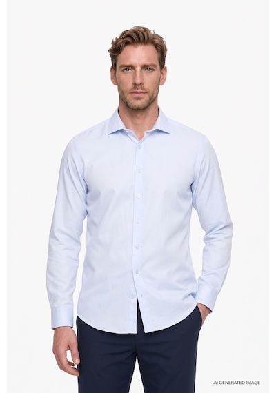AC&Co / Altınyıldız Classics Erkek Mavi Kolay Ütülenebilir Slim Fit Dar Kesim İtalyan Yaka Armürlü Gömlek Mavi