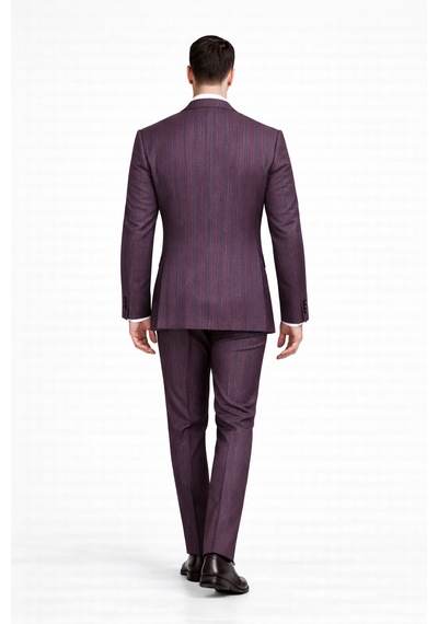 Fabıo Cassel Çizgili Kruvaze Erkek Takım Elbise Slim Fit Bordo