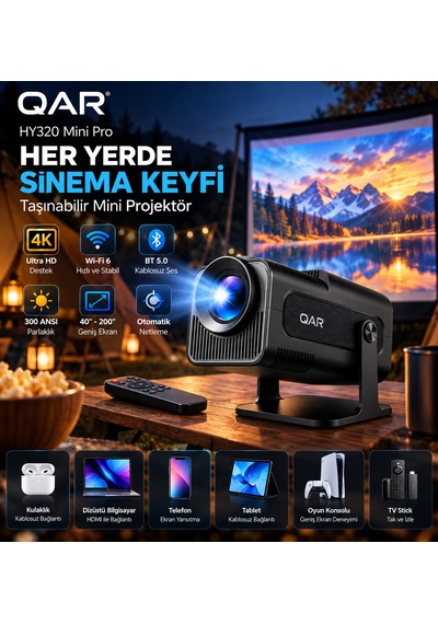 Hy320 Mini Projeksiyon Cihazı Led Multimedya Ev Sineması Döner Standlı Hdmı Usb Girişli Taşınabilir Mini Projektör