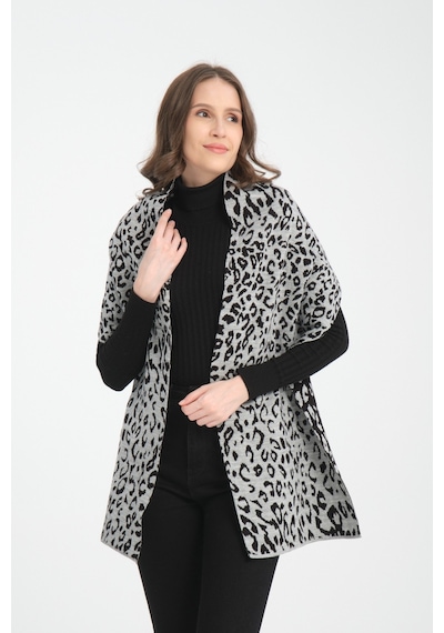 My Vintage Leopar Desenli Triko Örgü Atkı, Triko Atkı, Yumuşak Dokulu Atkı, Kadın Atkı, Atkı, Triko Örgülü Atkı Gri