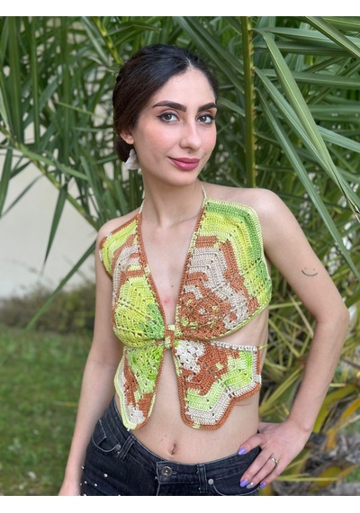 Gönülden Tasarım El Örgüsü Kelebek Büstiyer Crop Standart Beden Yeşil