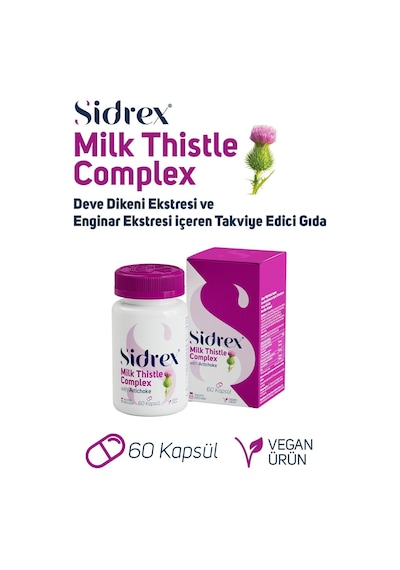 Sidrex Milk Thistle Complex Deve Dikeni Eki ve Enginar Eki İçeren Takviye Edici Gıda 60 Kapsül