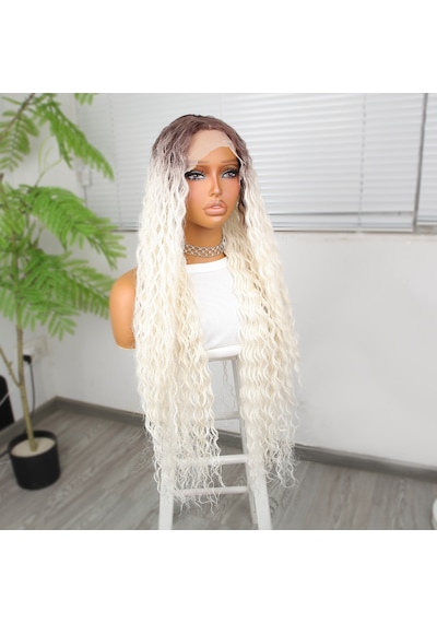 Afro Dalga Kumral Beyaz Platin Ombre Fiber Sentetik Tül Peruk - Grsy-582343 Renkli