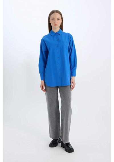 DeFacto Relax Fit Poplin Basic Düz Uzun Kollu Gömlek Tunik D7342AX25SPBE463 Mavi