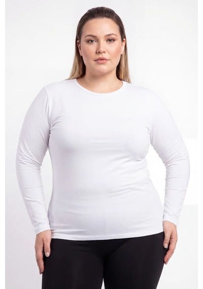 Terrien Özel Seri Hediye Kombin Rahat Kadın Büyük Beden Bisiklet Yaka Uzun Kollu Body Beyaz