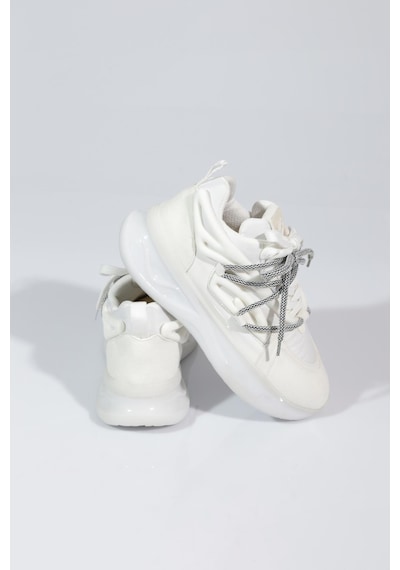 Dgn B1014 Kadin Kalin Taban Bağcikli Sneakers Ayakkabi Beyaz