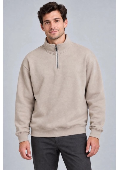 Barlashive Erkek Üç İplik İçi Şardonlu Dik Yaka Yarım Fermuarlı Kışlık Sweatshirt - Bej Çok Renkli