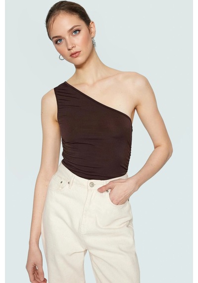 Ersefa Fitted Tek Omuz Bluz Esnek Örme Crop Boy Modern Stil Premium Kali Kahverengi