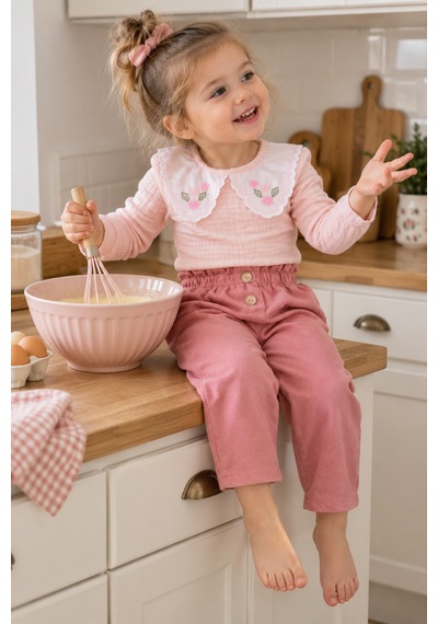 Babyhola 1-3 Yaş Kız Bebek Çocuk Çıtçıtlı Badi Pantolon Şık Alt Üst 2'li Takım Bayramlık 2327 Pembe