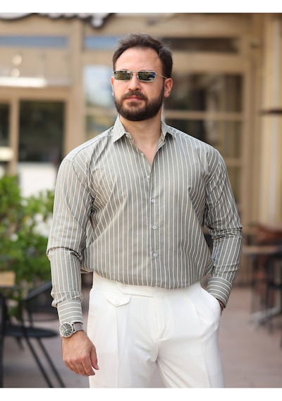 Çizgili Dik Yakalı Old Money Gömlek Haki Çzgl
